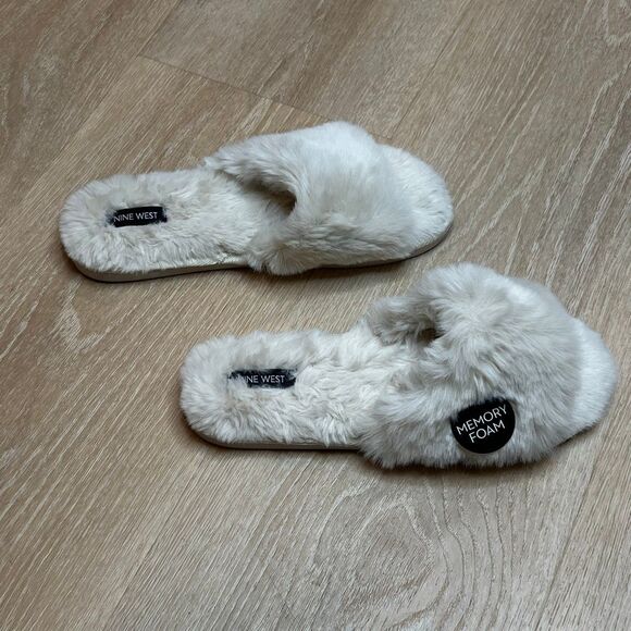 Nine West Ivory Fuzzy Slipper Slides, Backless House Shoes Women’s Large US 9-10 - Picture 5 of 7